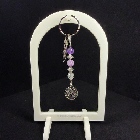 Aquarius Zodiac Crystal Keychain – Lepidolite, Amethyst, Black Tourmalated Quartz – Astrology Gift