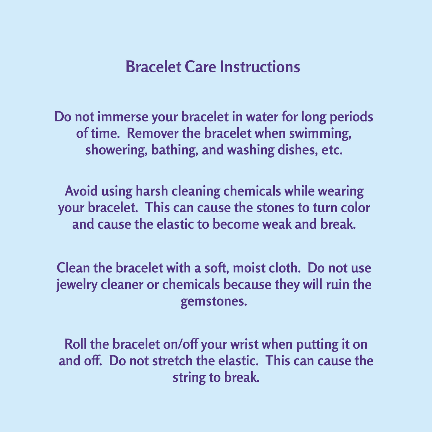 Bracelet care instructions on a light purple background
