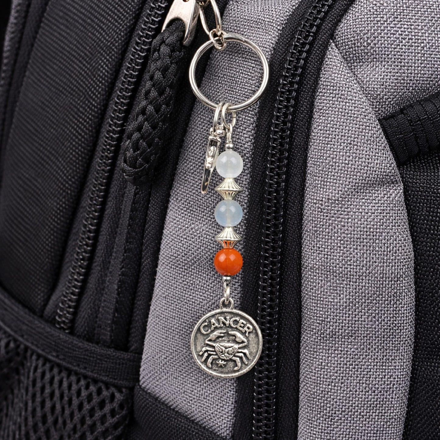 Cancer Zodiac Crystal Keychain – Selenite, Labradorite, Red Jasper – Natural Astrology Gift
