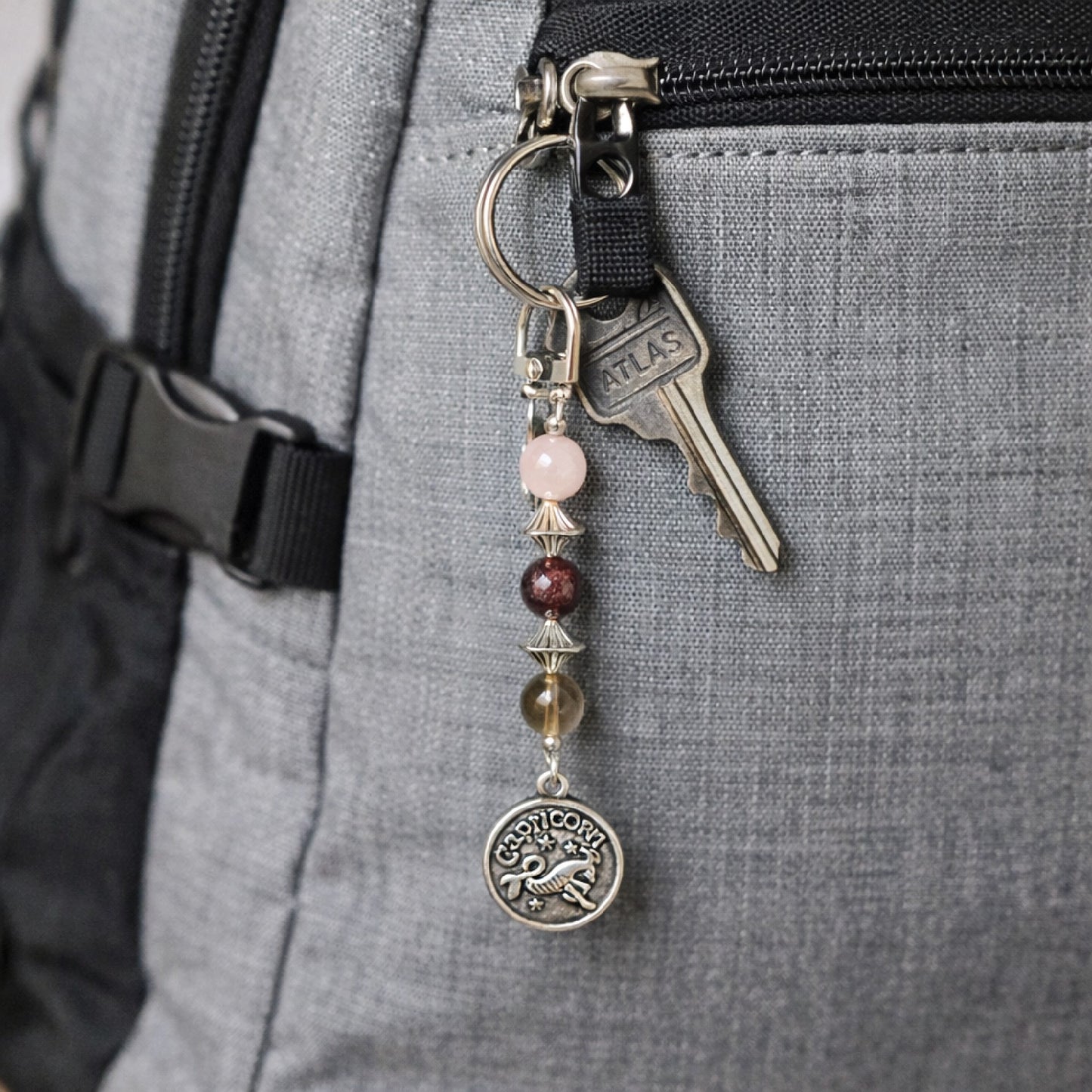 Capricorn Zodiac Crystal Keychain – Rose Quartz Garnet Smoky Quartz – Natural Astrology Gift