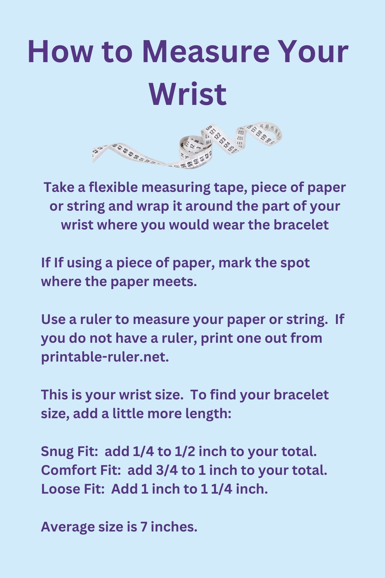Instructions on how to measure wrist size for bracelet fitting on a purple background