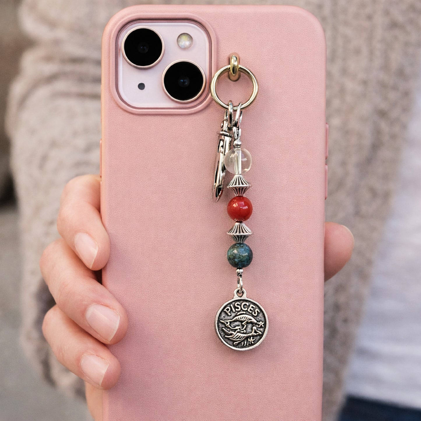 Pisces Zodiac Crystal Keychain – Clear Quartz Carnelian Chrysocolla – Natural Astrology Gift