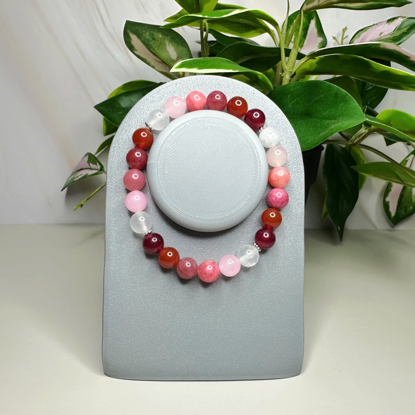 Rose Colored Themed Bead Bracelet, Vibrant Red and Pink Natural Beads