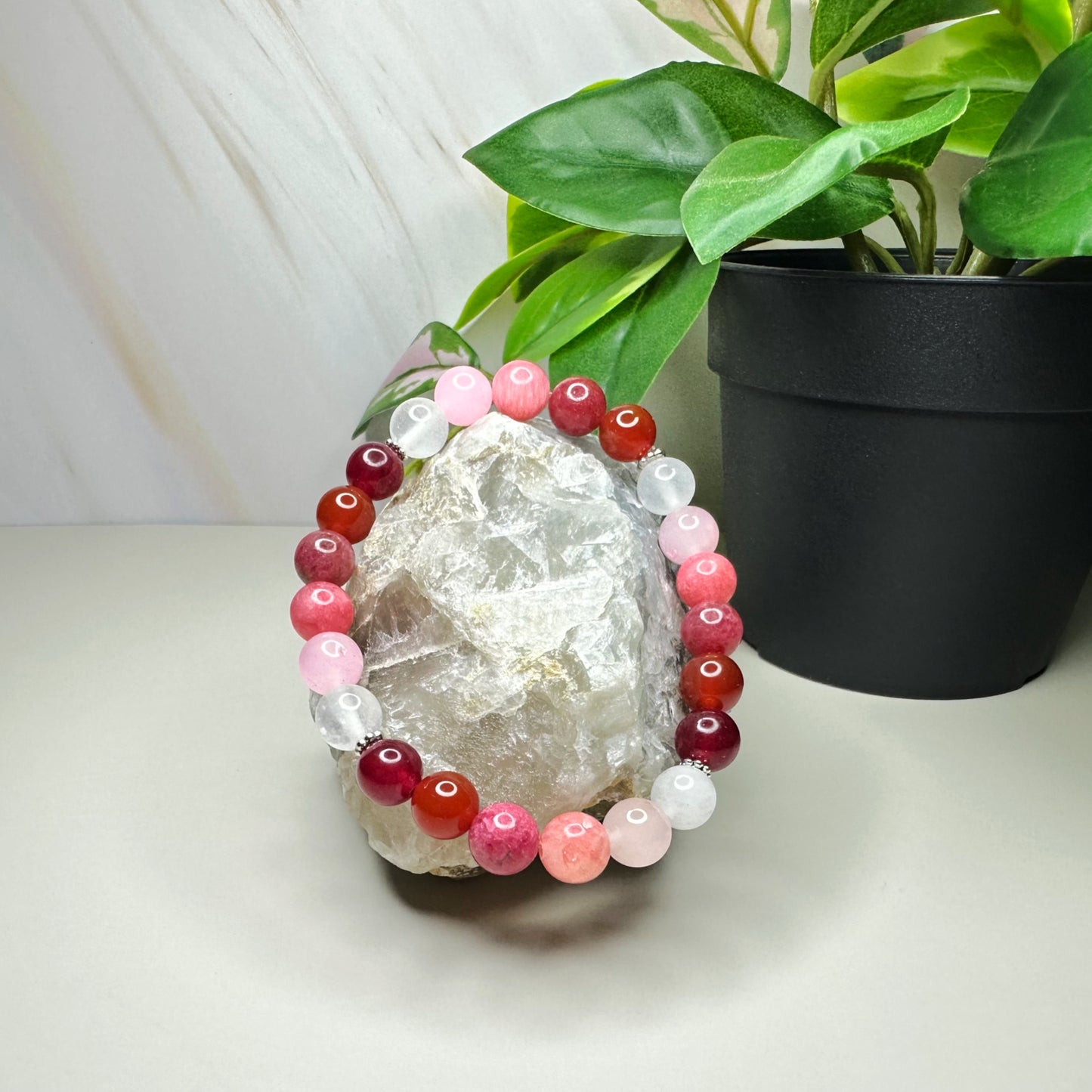 Rose Colored Themed Bead Bracelet, Vibrant Red and Pink Natural Beads