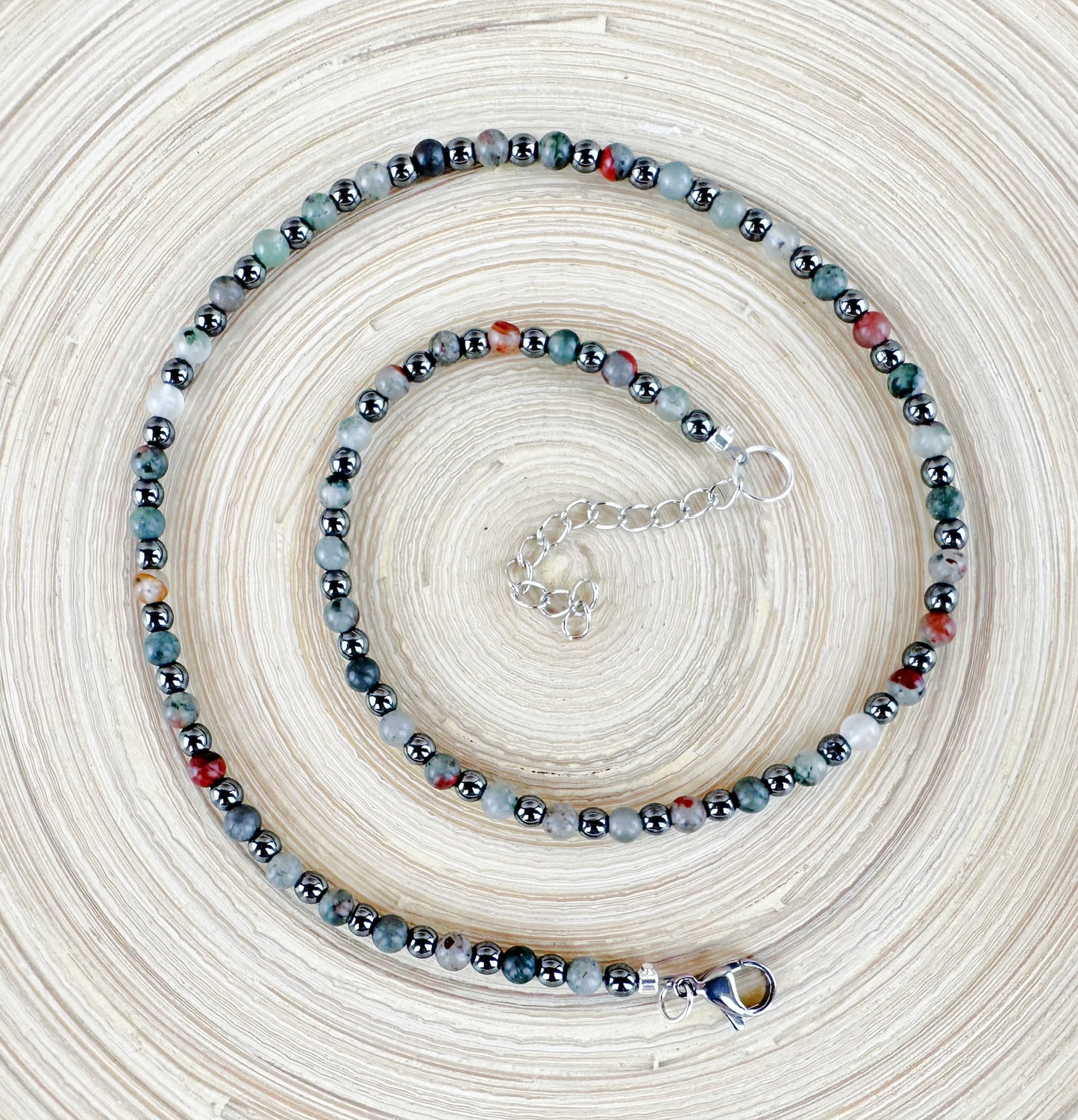 African Bloodstone & Hematite 4mm Natural Stone Necklace – 20” Handmade Crystal Necklace for Grounding & Strength