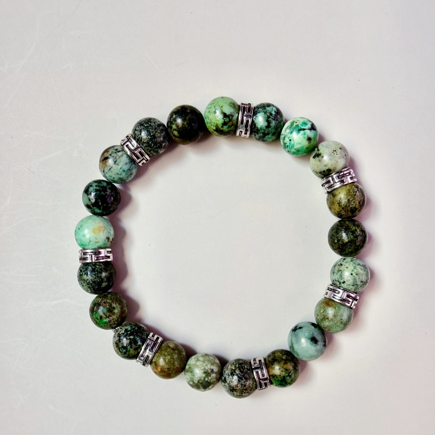 African Turquoise 8mm Natural Gemstone Stretch Bracelet with Silver Accents