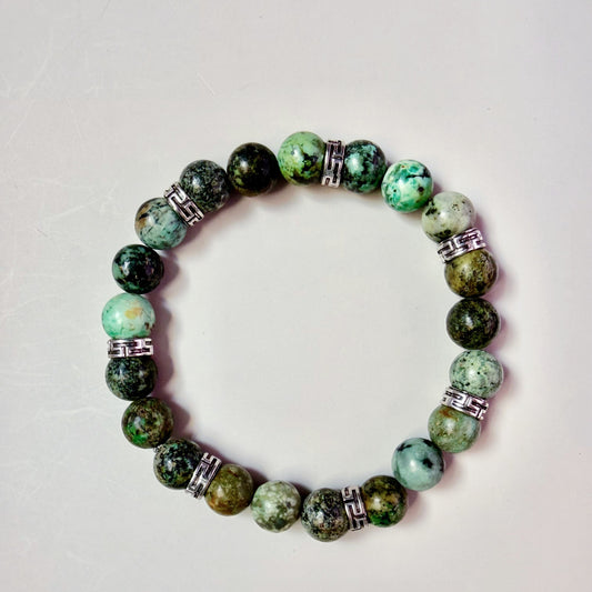 African Turquoise 8mm Natural Gemstone Stretch Bracelet with Silver Accents