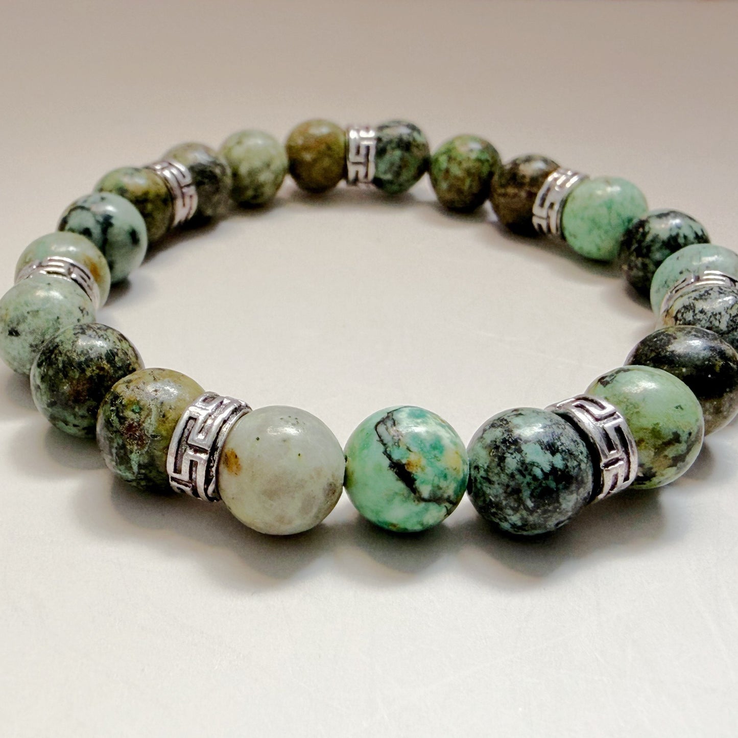 African Turquoise 8mm Natural Gemstone Stretch Bracelet with Silver Accents