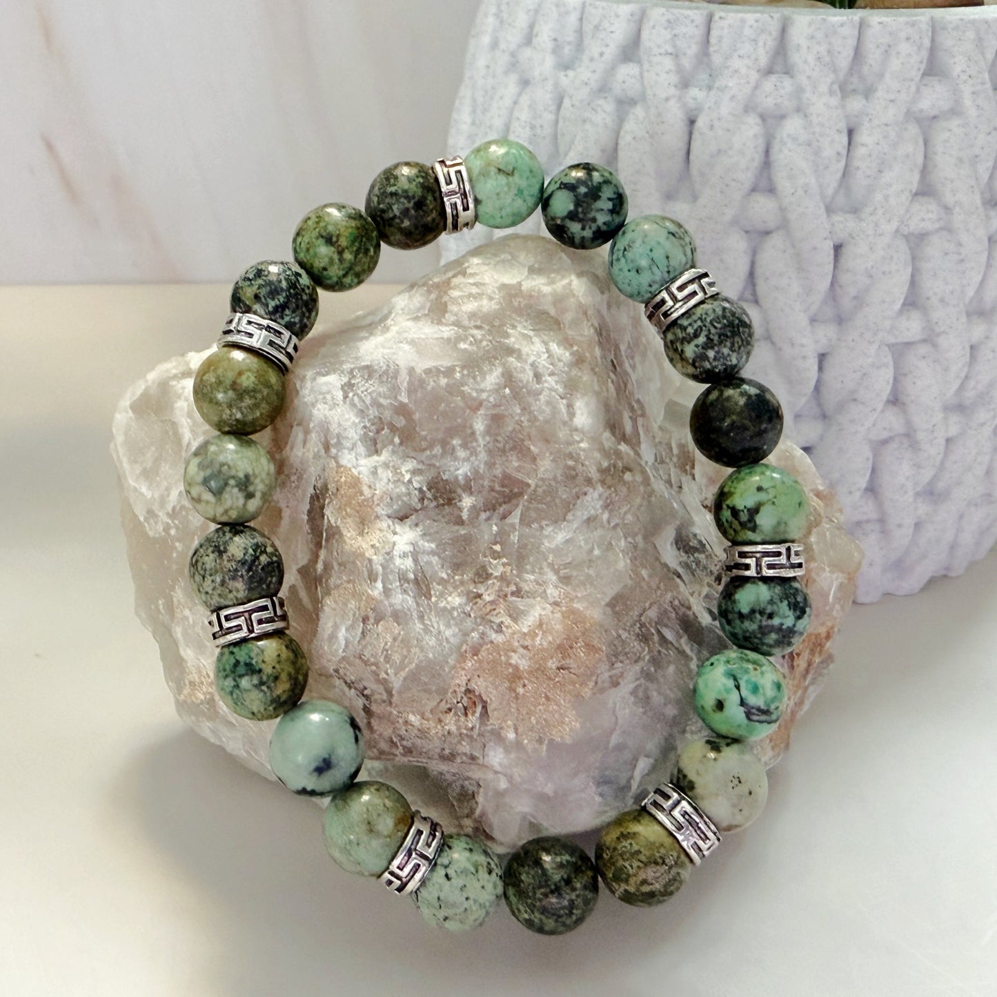 African Turquoise 8mm Natural Gemstone Stretch Bracelet with Silver Accents
