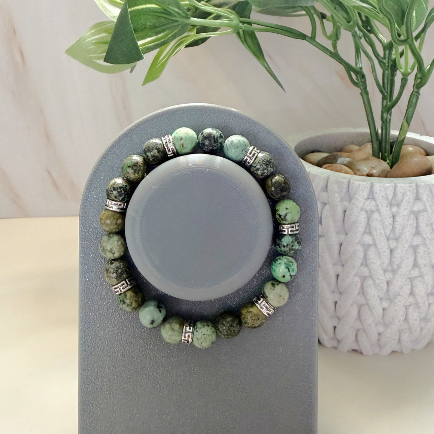 African Turquoise 8mm Natural Gemstone Stretch Bracelet with Silver Accents