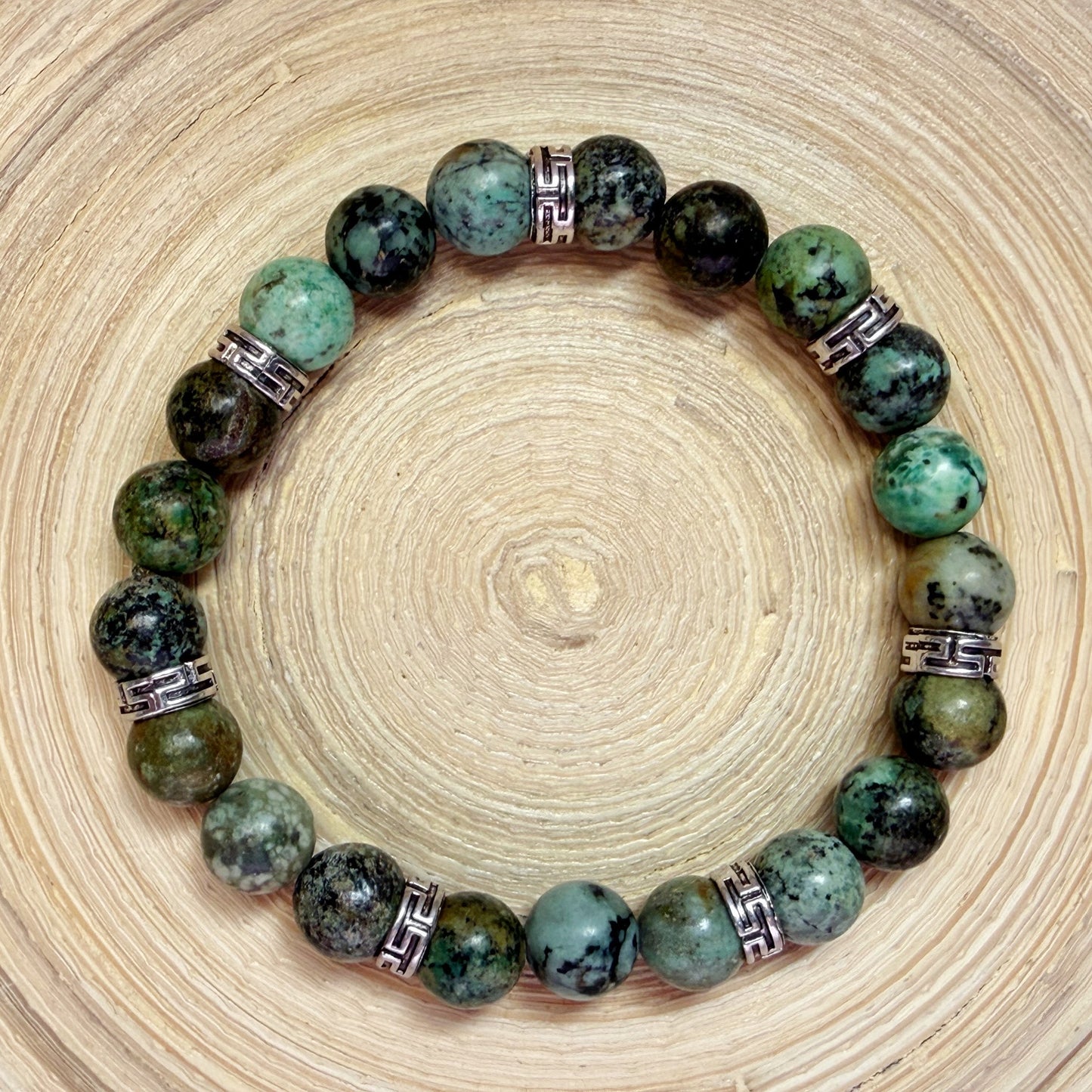 African Turquoise 8mm Natural Gemstone Stretch Bracelet with Silver Accents