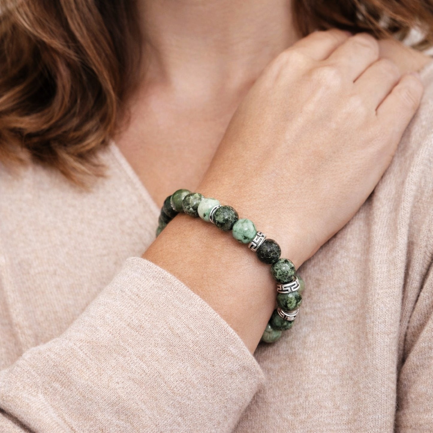 African Turquoise 8mm Natural Gemstone Stretch Bracelet with Silver Accents