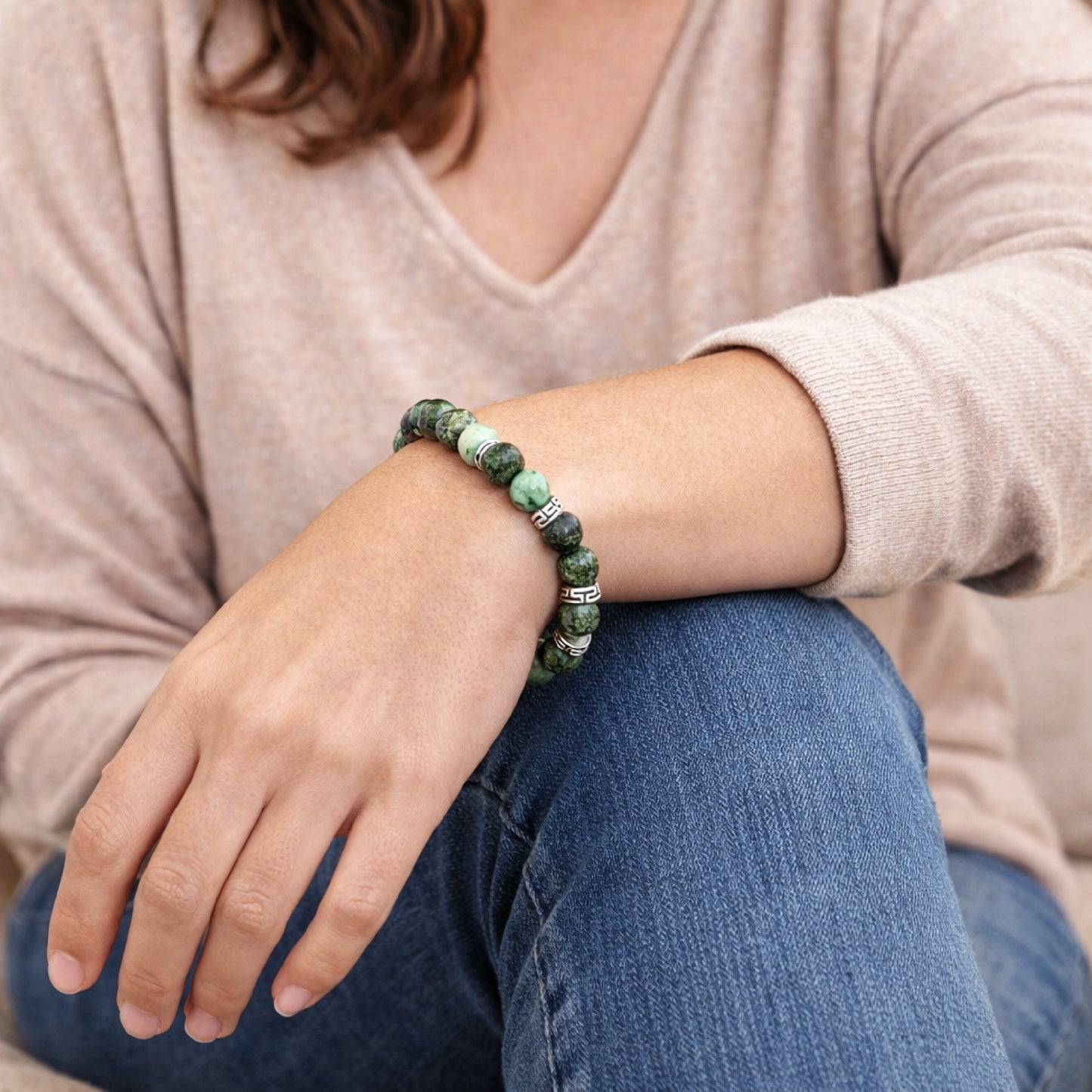 African Turquoise 8mm Natural Gemstone Stretch Bracelet with Silver Accents