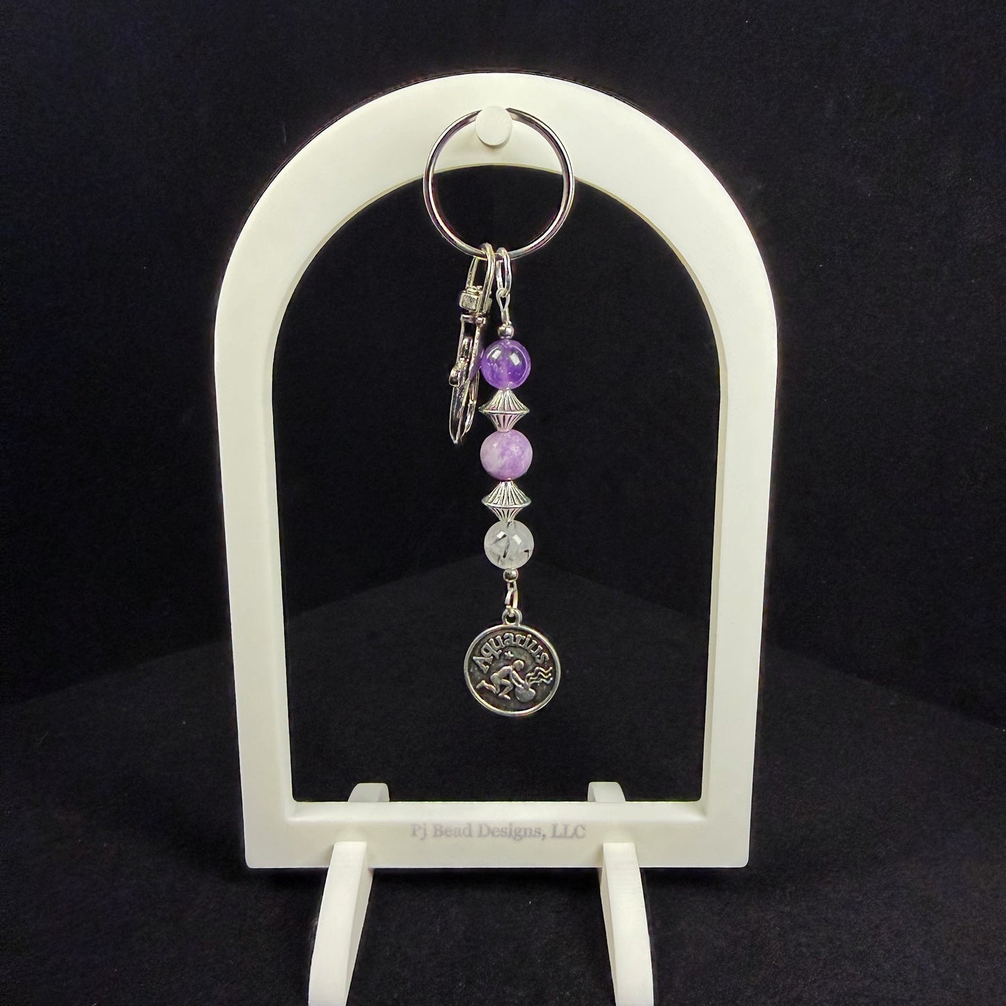 Aquarius Zodiac Crystal Keychain – Lepidolite, Amethyst, Black Tourmalated Quartz – Astrology Gift
