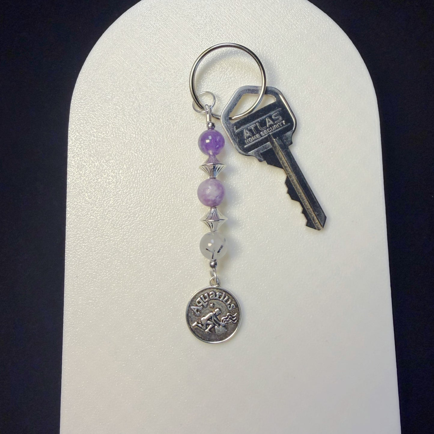 Aquarius Zodiac Crystal Keychain – Lepidolite, Amethyst, Black Tourmalated Quartz – Astrology Gift