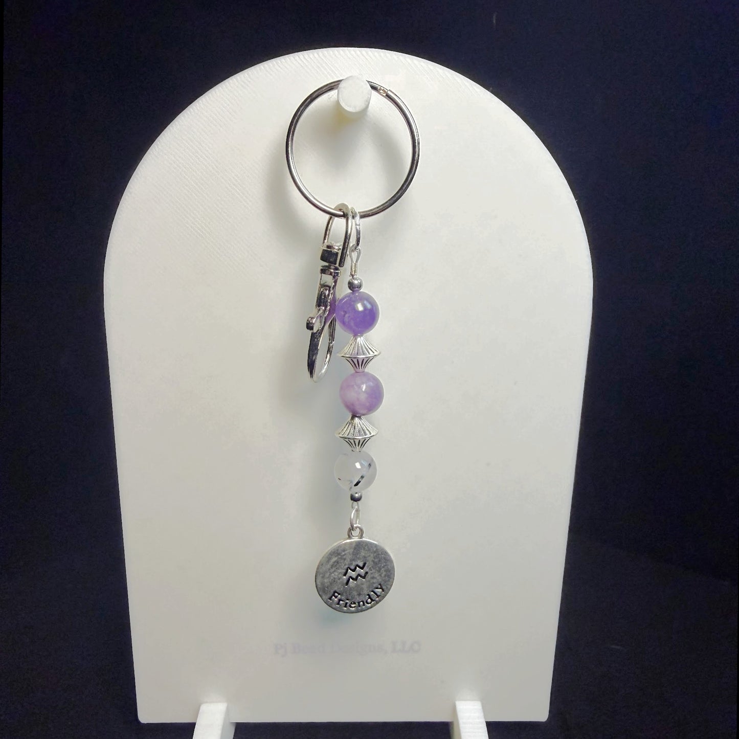 Aquarius Zodiac Crystal Keychain – Lepidolite, Amethyst, Black Tourmalated Quartz – Astrology Gift