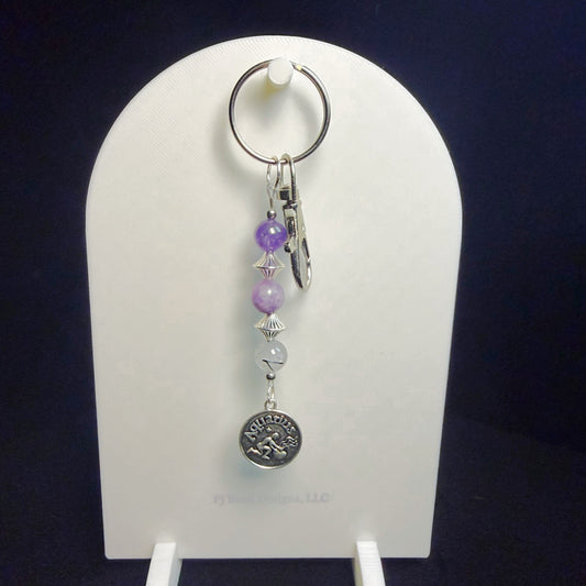 Aquarius Zodiac Crystal Keychain – Lepidolite, Amethyst, Black Tourmalated Quartz – Astrology Gift