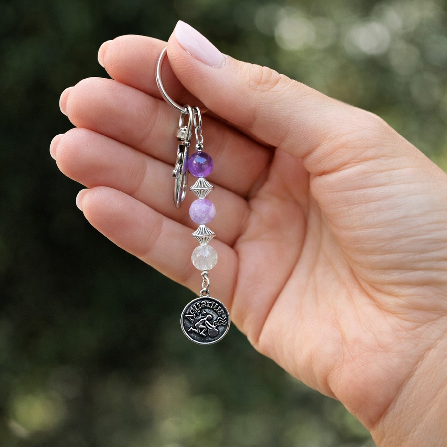 Aquarius Zodiac Crystal Keychain – Lepidolite, Amethyst, Black Tourmalated Quartz – Astrology Gift