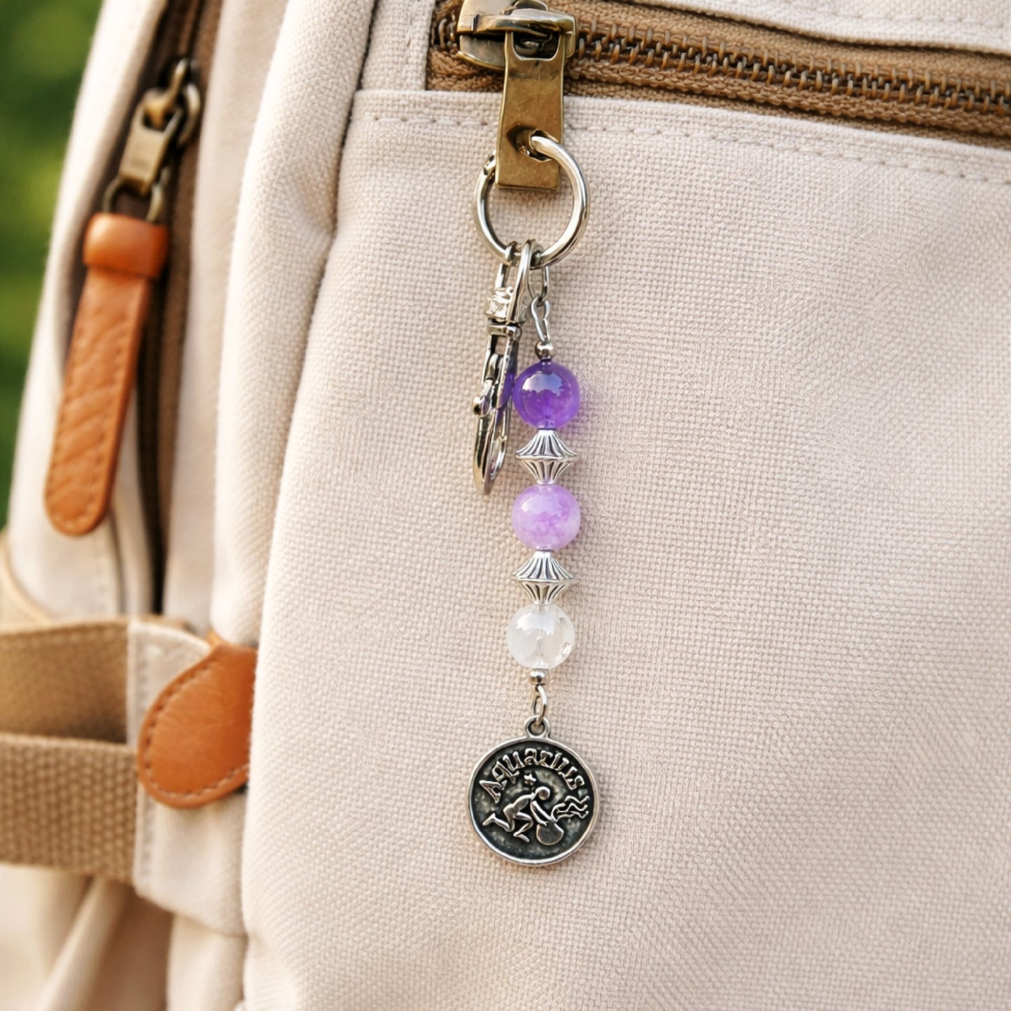 Aquarius Zodiac Crystal Keychain – Lepidolite, Amethyst, Black Tourmalated Quartz – Astrology Gift