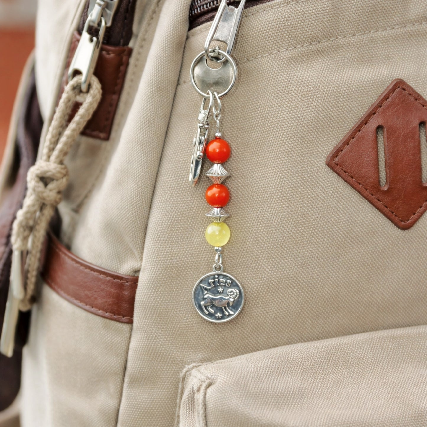 Aries Zodiac Crystal Keychain – Red Jasper, Carnelian, Citrine – Natural Gemstone Astrology Gift