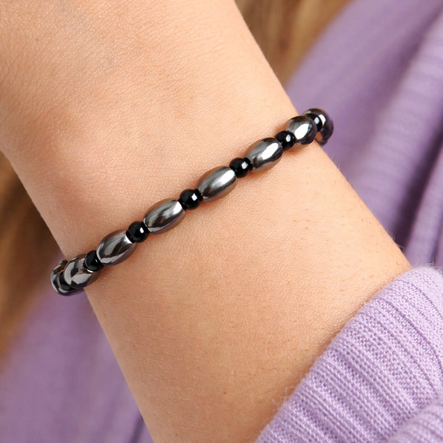 Black Onyx & Hematite 4mm Natural Bead Stretch Bracelet, Healing Gemstone Jewelry