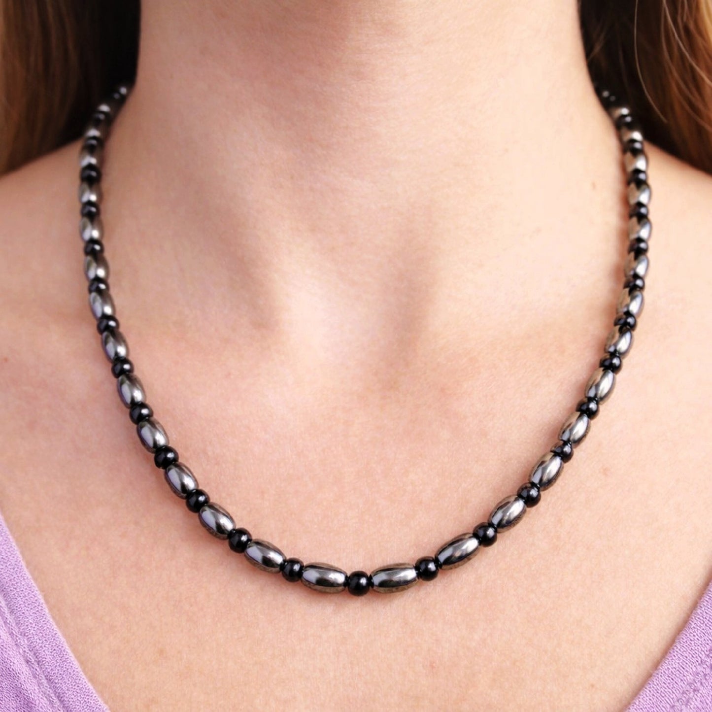 Black Onyx & Hematite 4mm Natural Bead Necklace – 20" with 2" Extender, Lobster Clasp, Grounding Crystal Jewelry