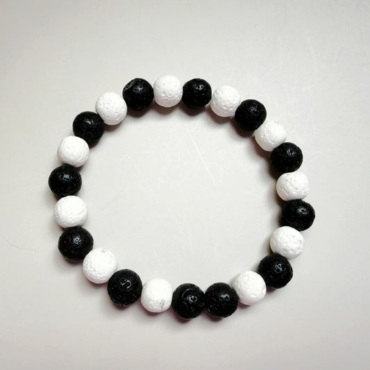 Genuine Black & White Lava Stone Bracelet – 8mm Natural Beads