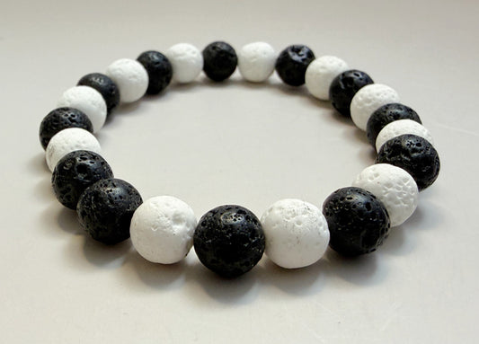 Genuine Black & White Lava Stone Bracelet – 8mm Natural Beads