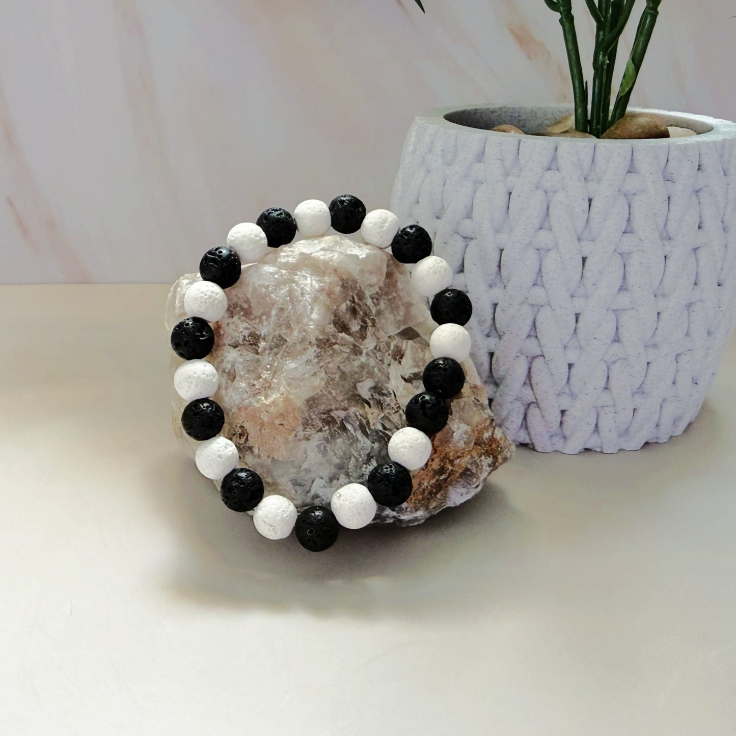 Genuine Black & White Lava Stone Bracelet – 8mm Natural Beads