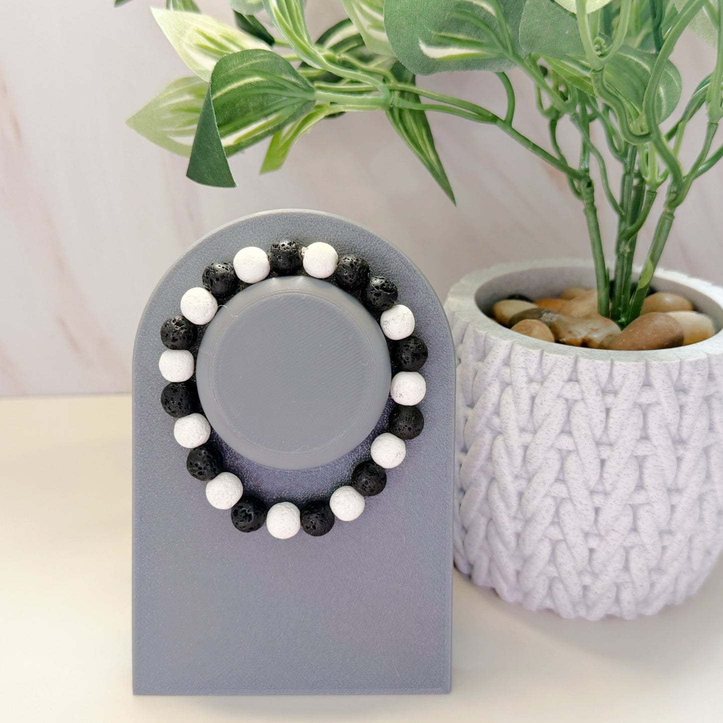 Genuine Black & White Lava Stone Bracelet – 8mm Natural Beads