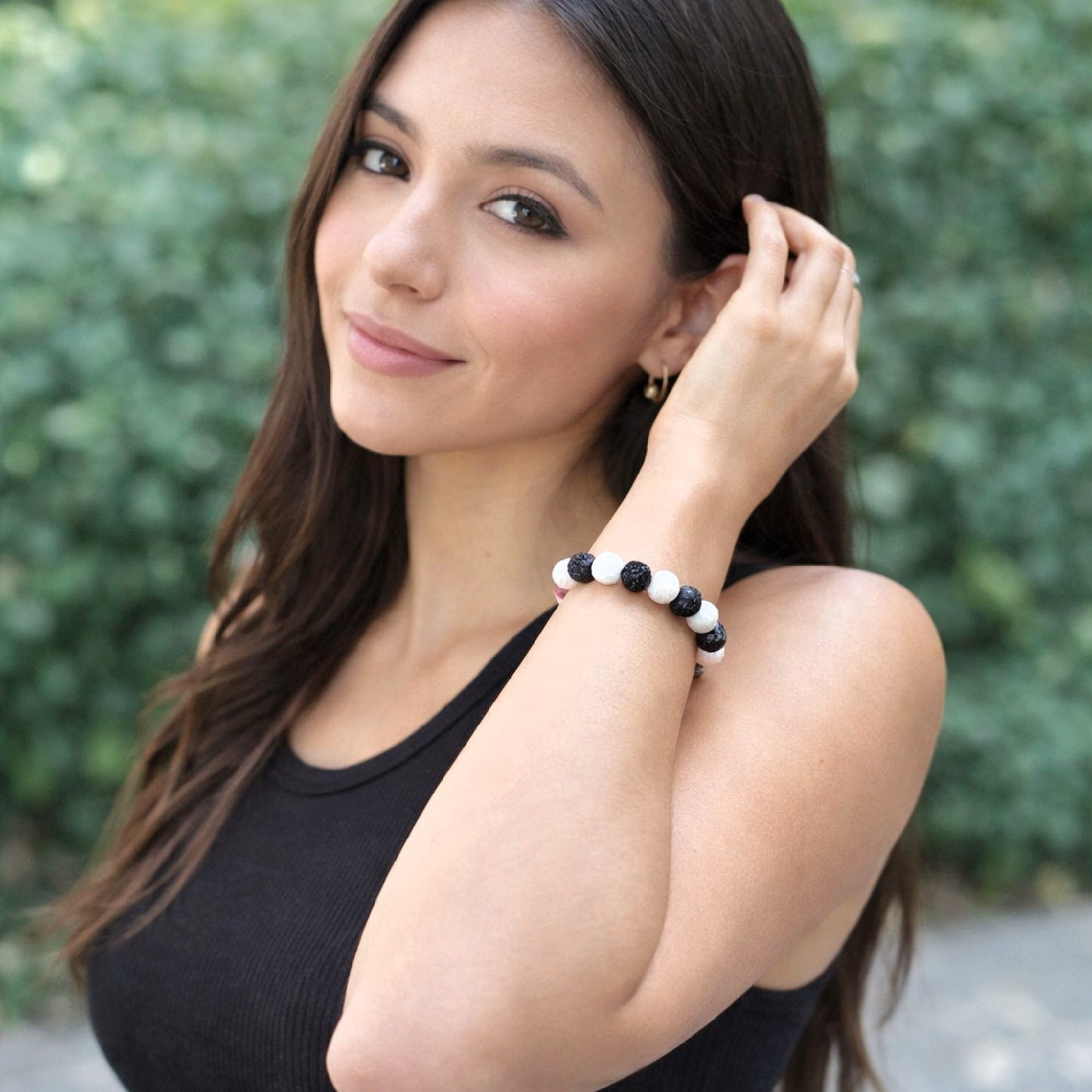 Genuine Black & White Lava Stone Bracelet – 8mm Natural Beads