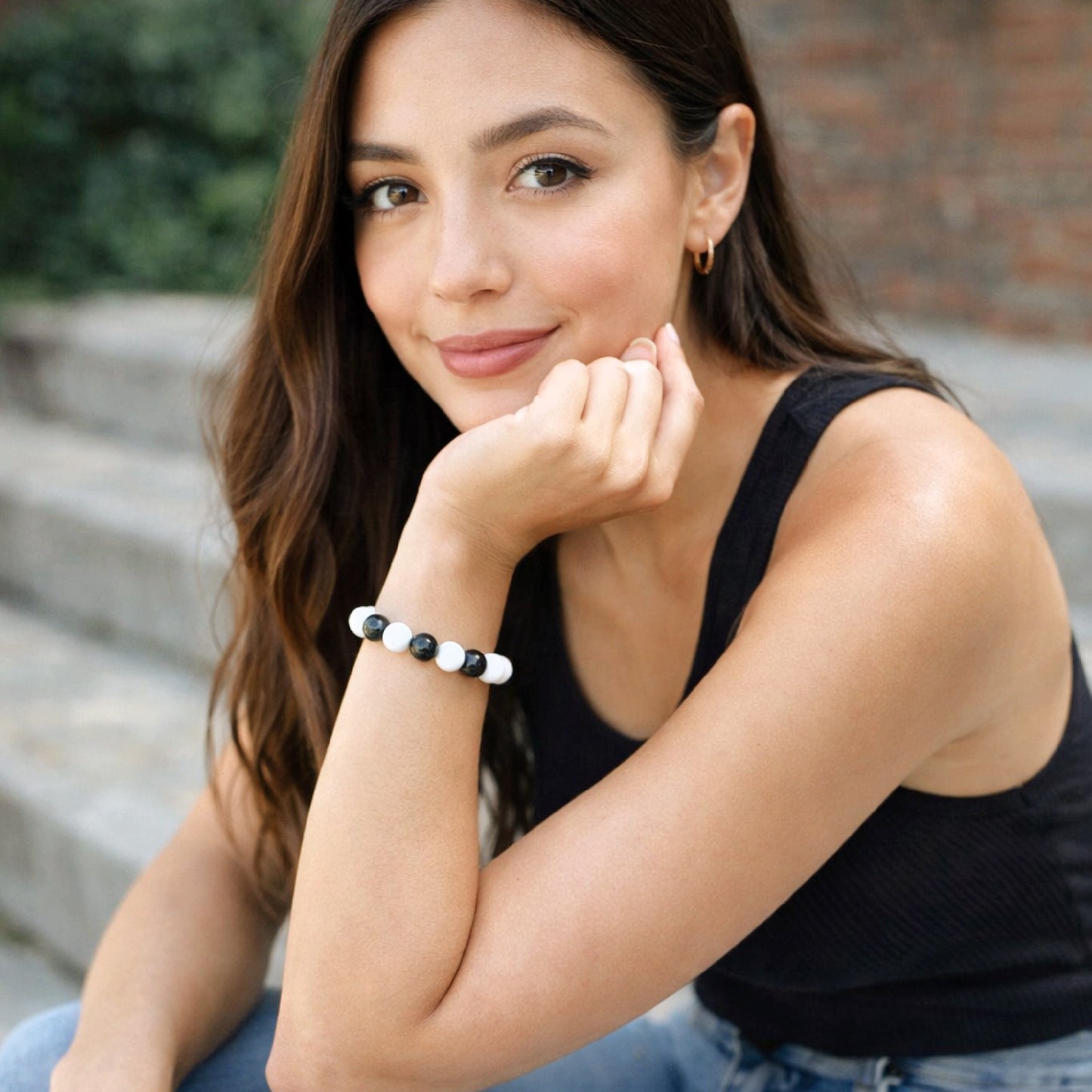 Genuine Black & White Lava Stone Bracelet – 8mm Natural Beads