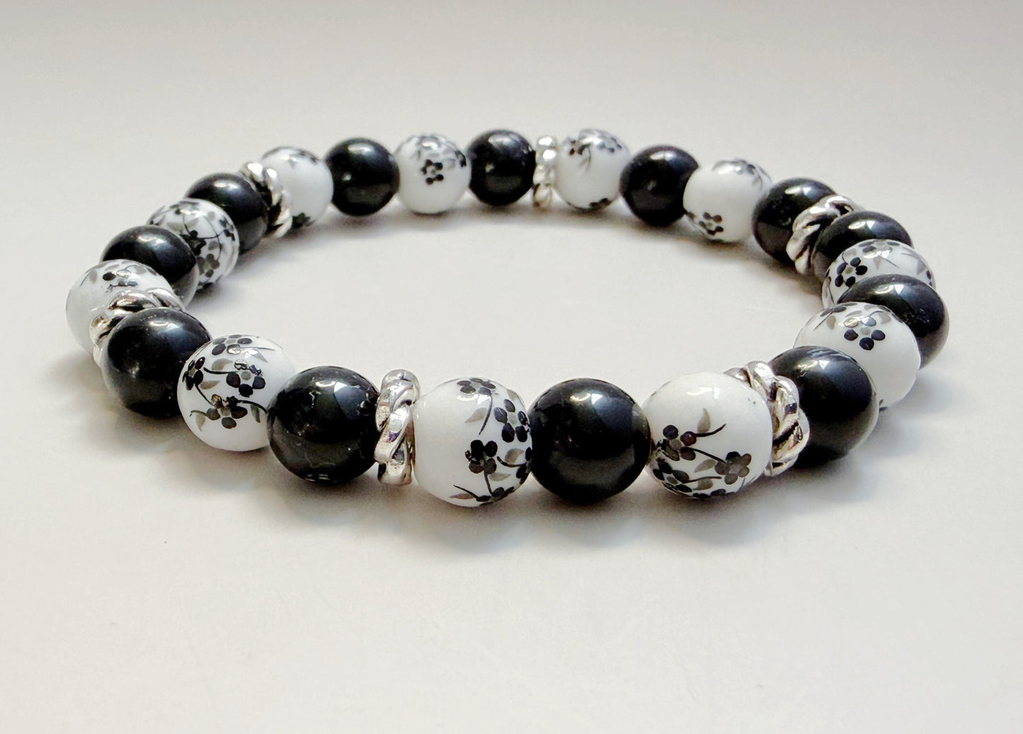 Black Tourmaline & Ceramic Flower Bracelet – 8mm Natural Stone with Silver Accents