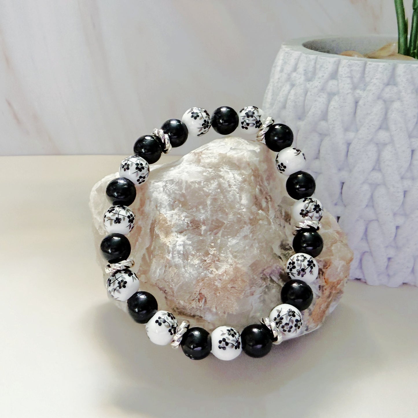 Black Tourmaline & Ceramic Flower Bracelet – 8mm Natural Stone with Silver Accents