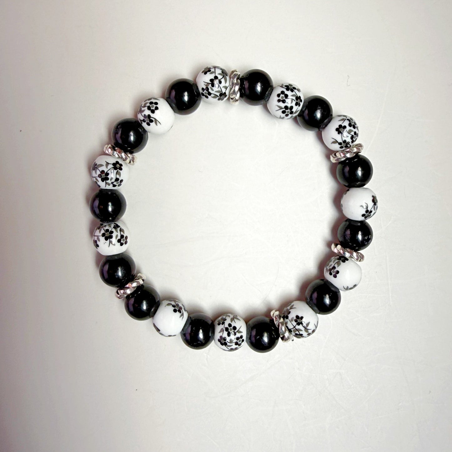 Black Tourmaline & Ceramic Flower Bracelet – 8mm Natural Stone with Silver Accents