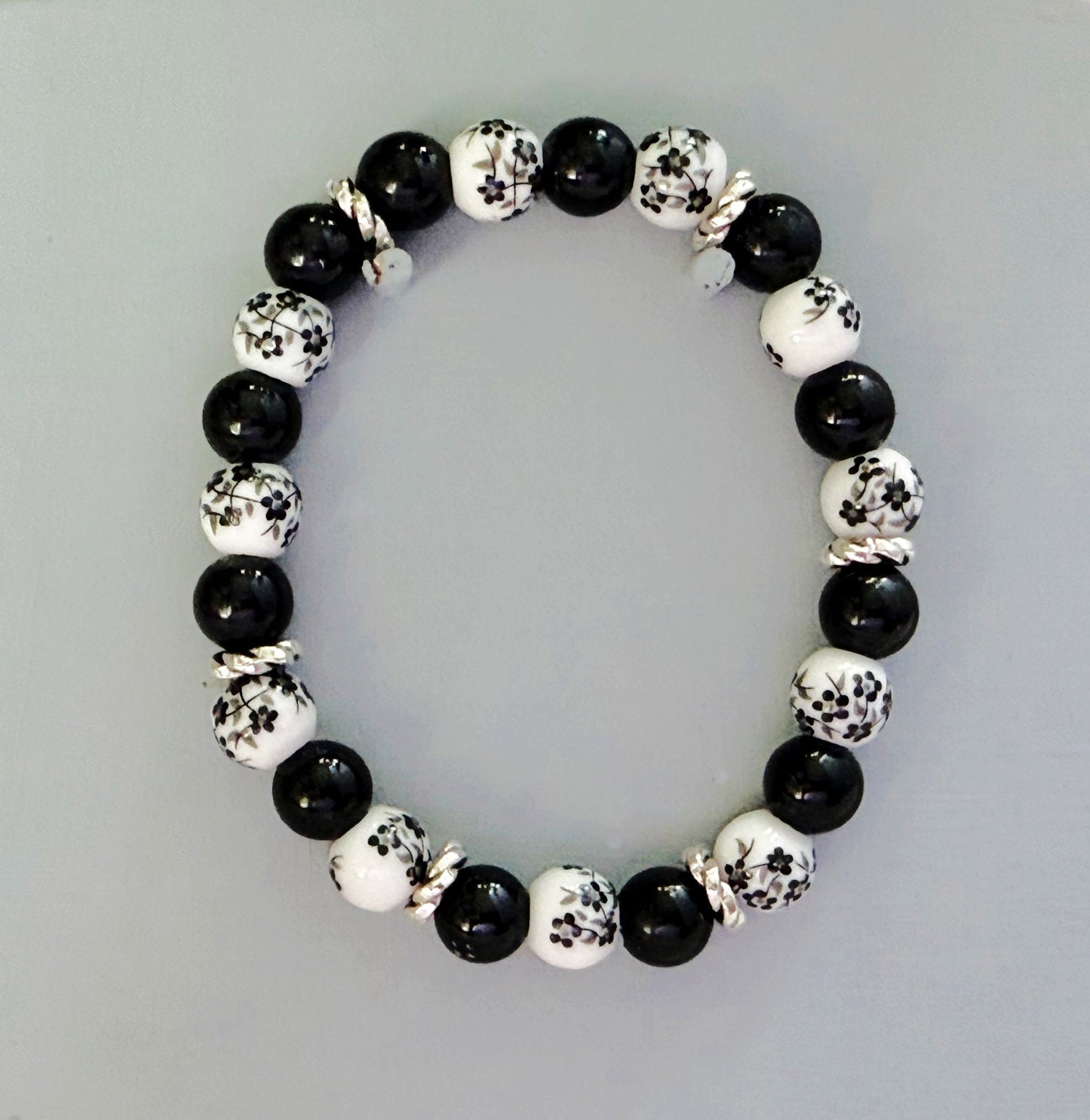 Black Tourmaline & Ceramic Flower Bracelet – 8mm Natural Stone with Silver Accents