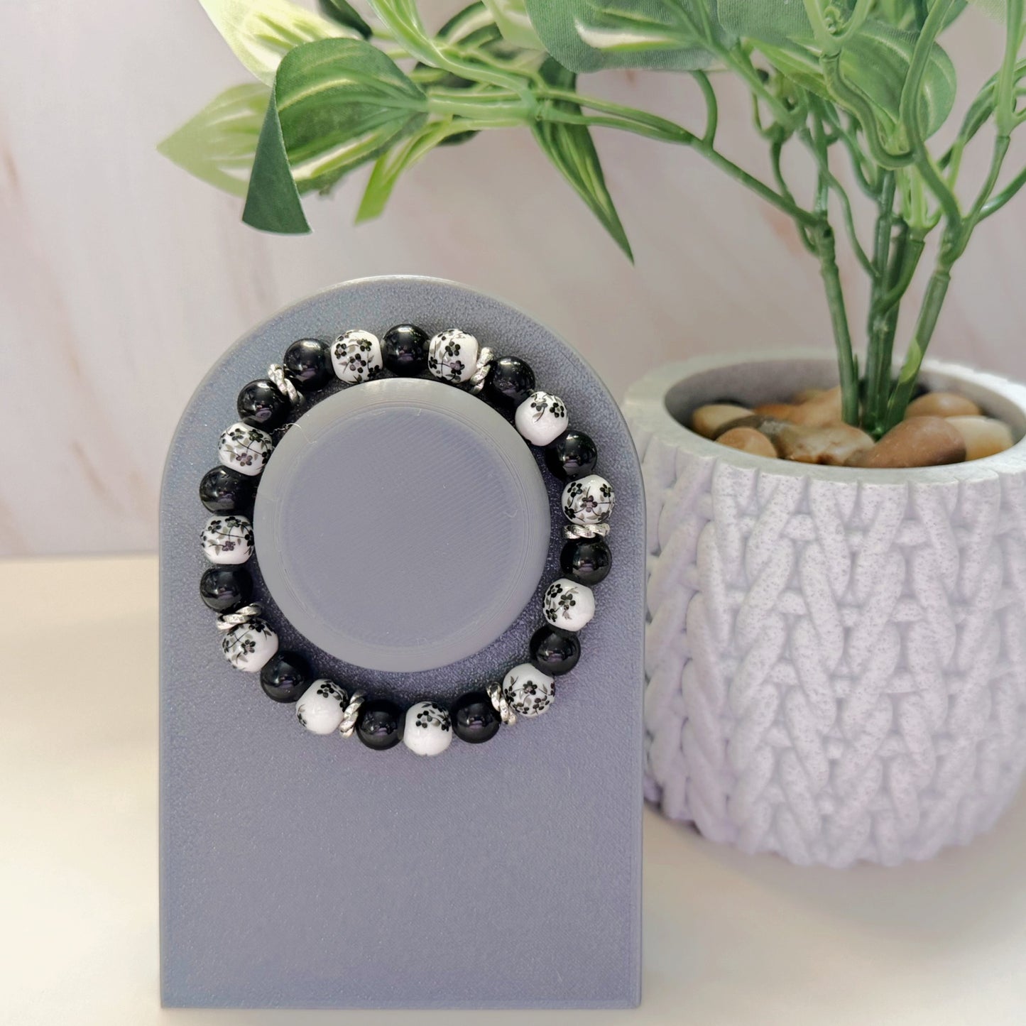 Black Tourmaline & Ceramic Flower Bracelet – 8mm Natural Stone with Silver Accents