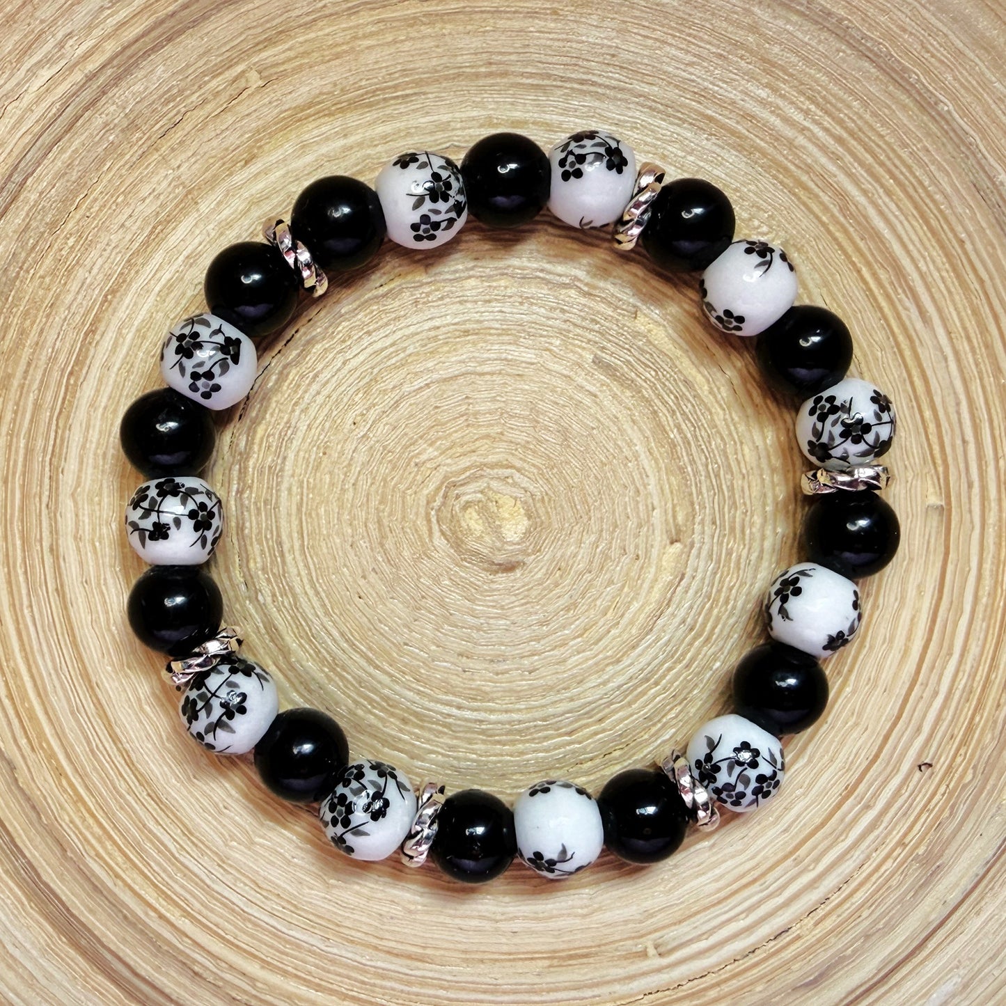 Black Tourmaline & Ceramic Flower Bracelet – 8mm Natural Stone with Silver Accents