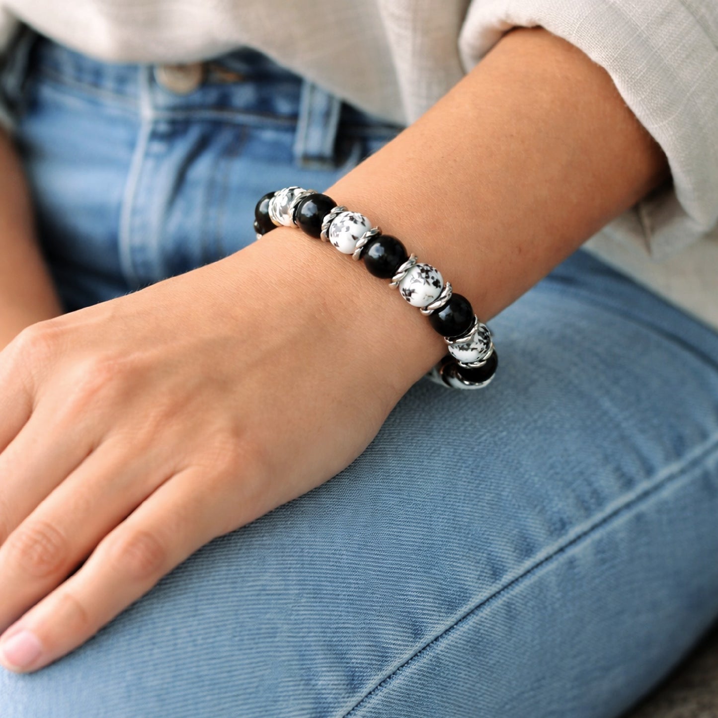 Black Tourmaline & Ceramic Flower Bracelet – 8mm Natural Stone with Silver Accents