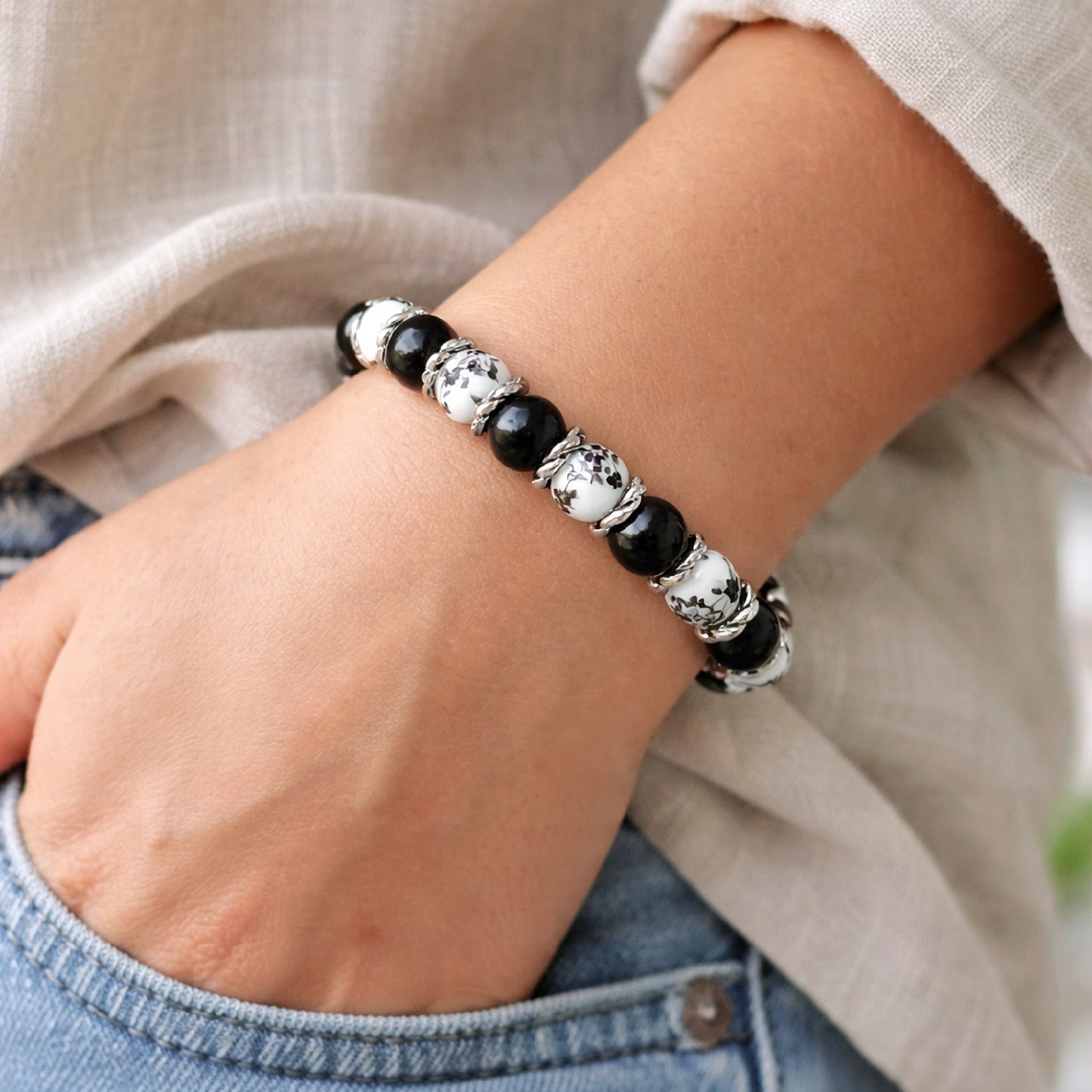 Black Tourmaline & Ceramic Flower Bracelet – 8mm Natural Stone with Silver Accents