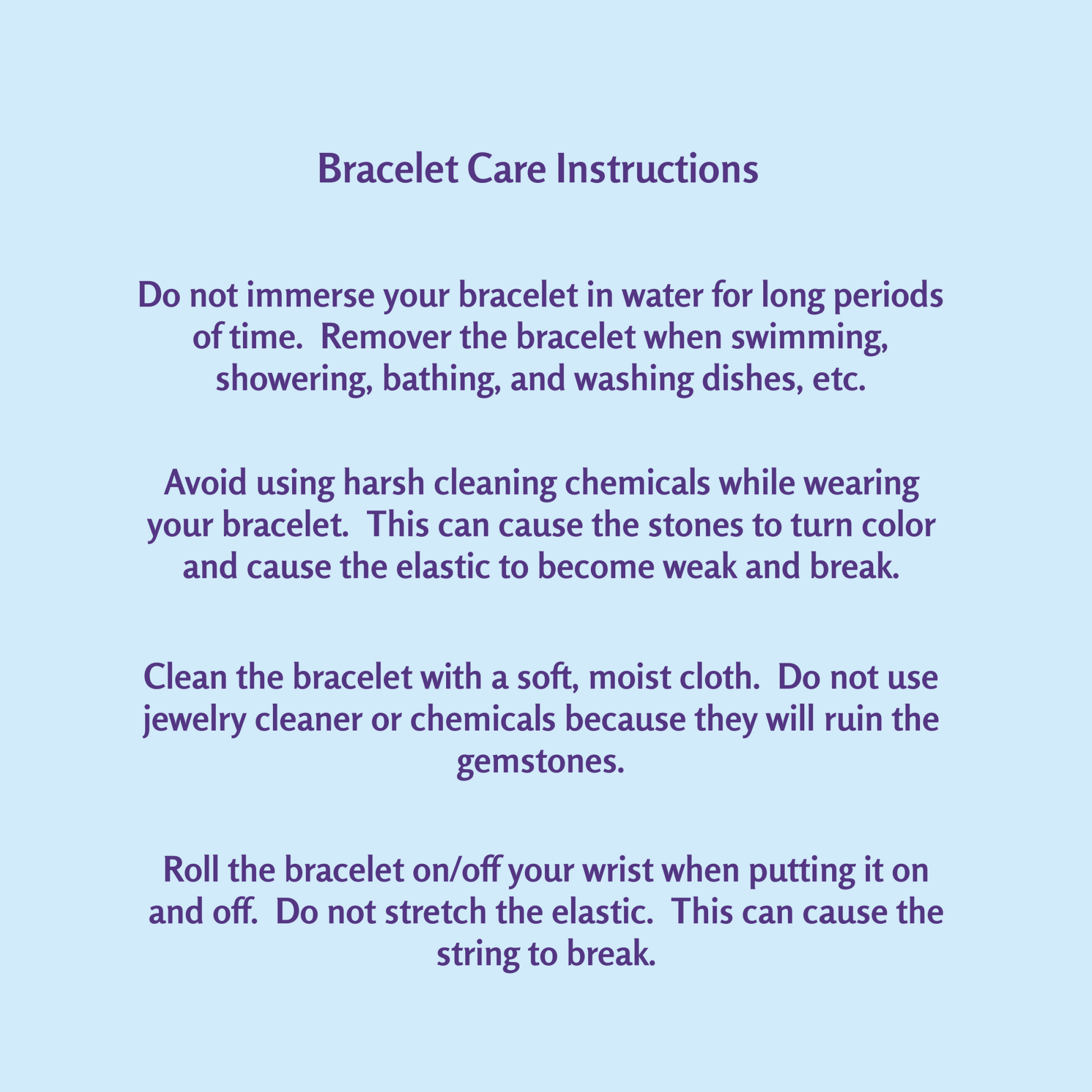 Bracelet care instructions on a light purple background
