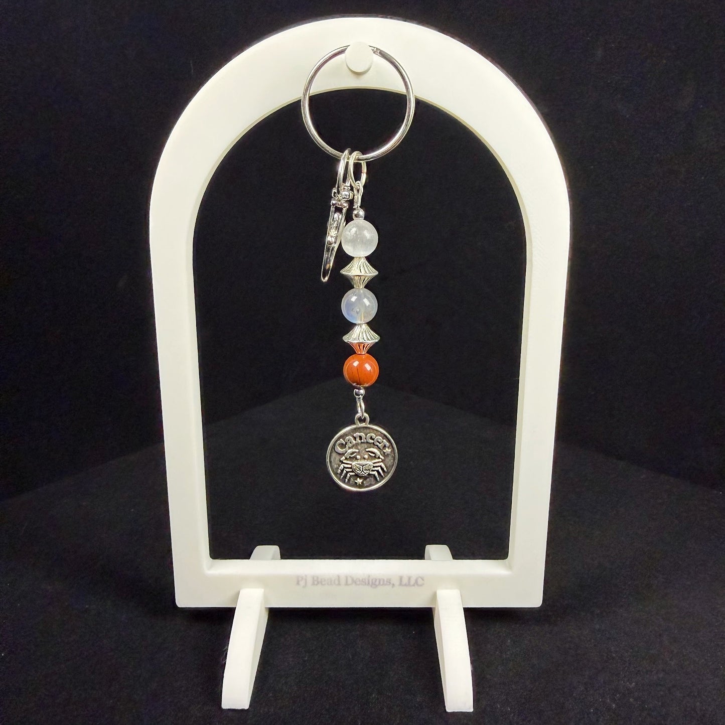 Cancer Zodiac Crystal Keychain – Selenite, Labradorite, Red Jasper – Natural Astrology Gift