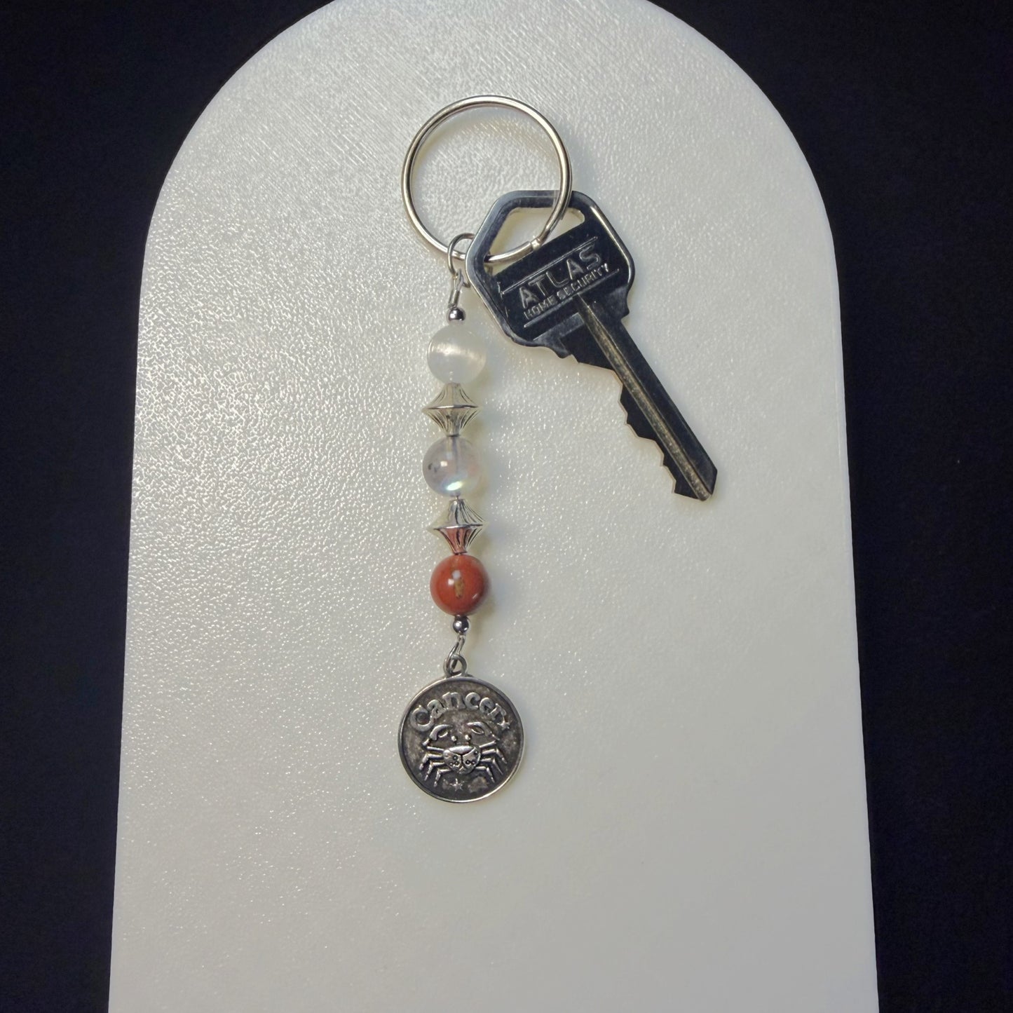 Cancer Zodiac Crystal Keychain – Selenite, Labradorite, Red Jasper – Natural Astrology Gift