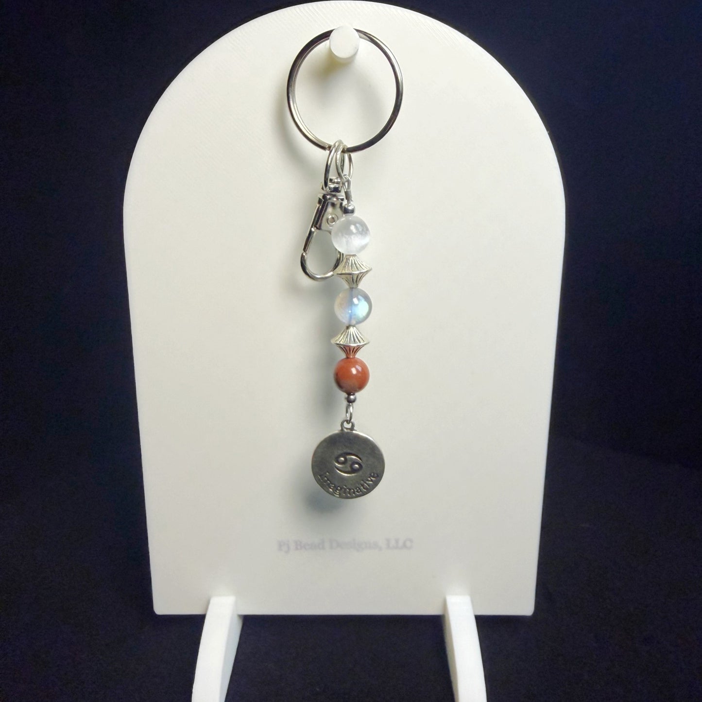 Cancer Zodiac Crystal Keychain – Selenite, Labradorite, Red Jasper – Natural Astrology Gift