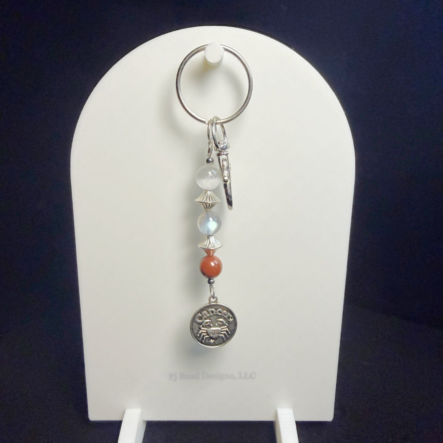 Cancer Zodiac Crystal Keychain – Selenite, Labradorite, Red Jasper – Natural Astrology Gift