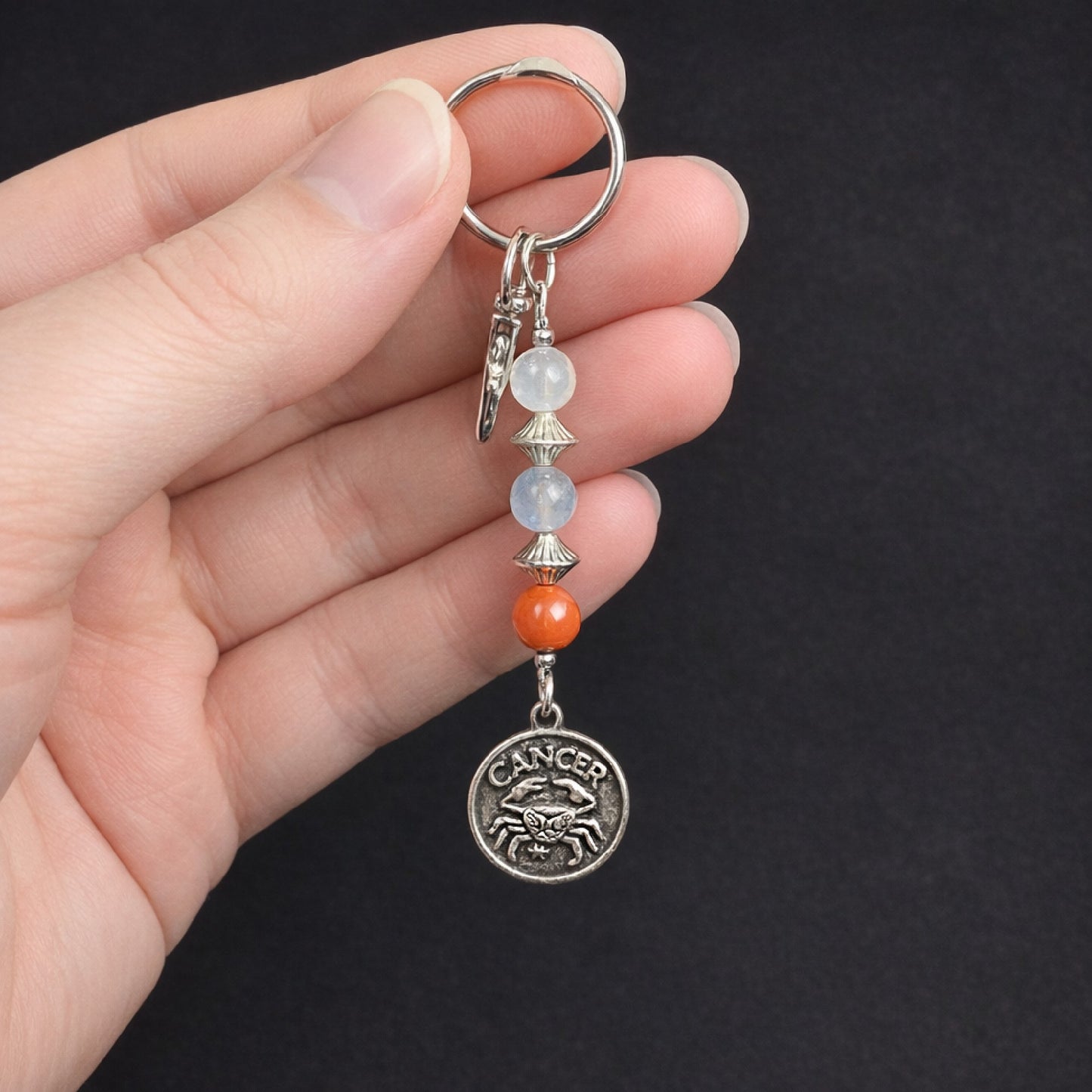 Cancer Zodiac Crystal Keychain – Selenite, Labradorite, Red Jasper – Natural Astrology Gift