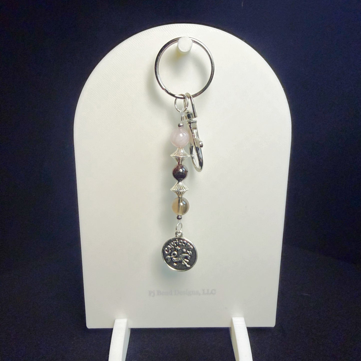 Capricorn Zodiac Crystal Keychain – Rose Quartz Garnet Smoky Quartz – Natural Astrology Gift