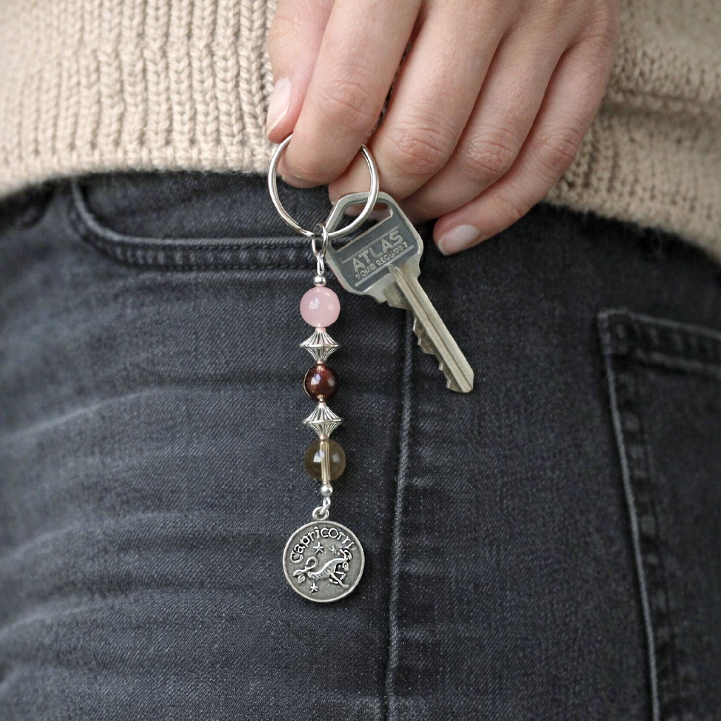 Capricorn Zodiac Crystal Keychain – Rose Quartz Garnet Smoky Quartz – Natural Astrology Gift