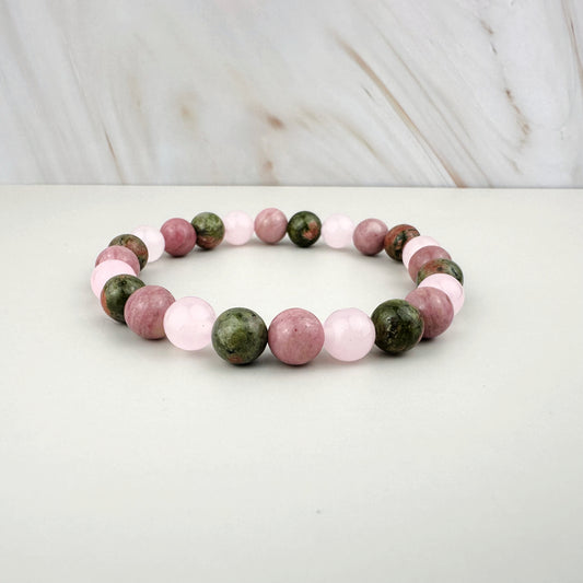 Fertility Support 8mm Beaded Bracelet featuring Unakite & Pink Rhodonite, Rose Quartz Natural Stone Beads