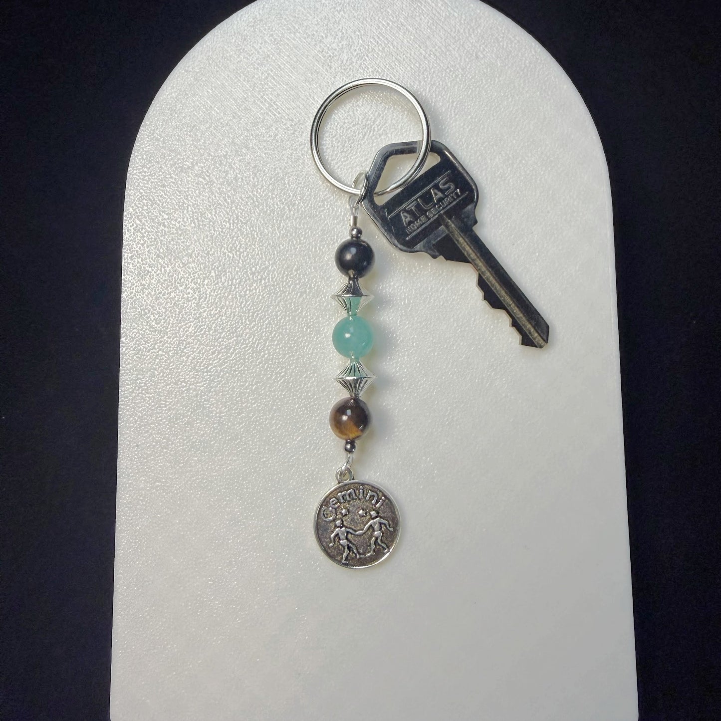 Gemini Zodiac Crystal Keychain – Shungite, Amazonite, Tiger Eye – Natural Astrology Gift